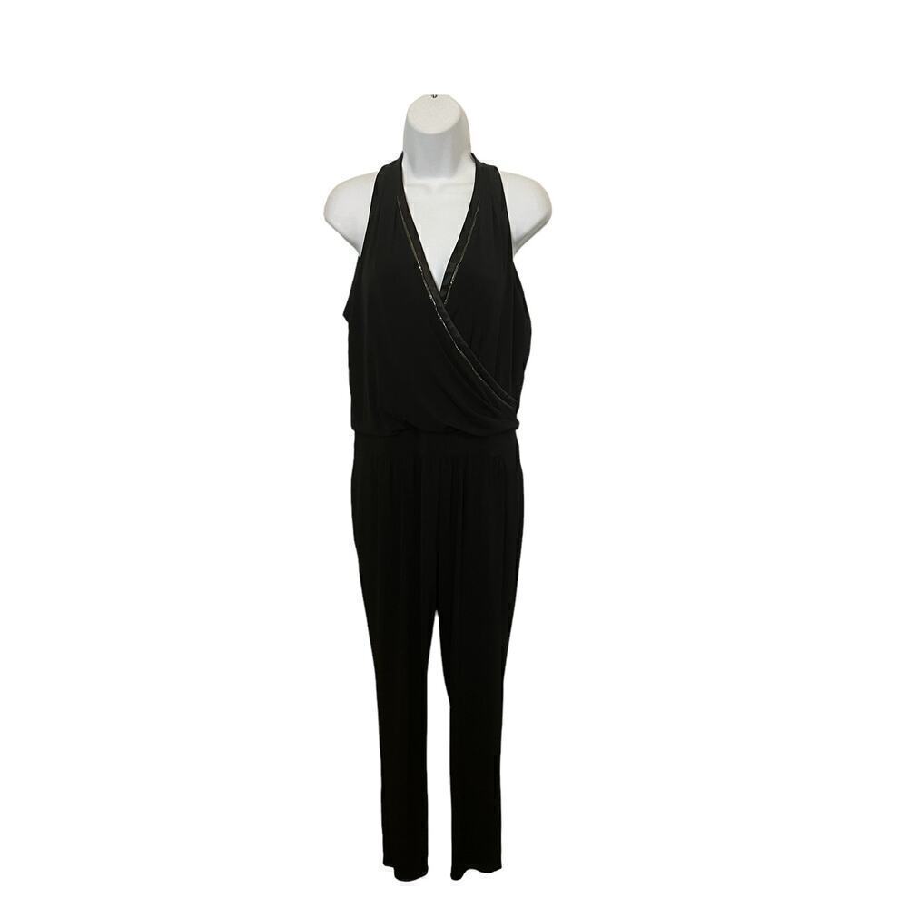 White House Black Market Fancy Jumpsuit w/Low Crossover Front Satin/Gold Chain 6